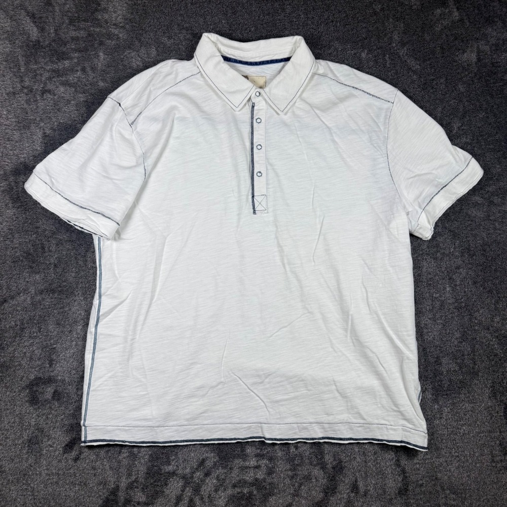 32 Bar Blues Mens XL White Cotton Slub Short Sleeve Snap Polo Contrast Stitch